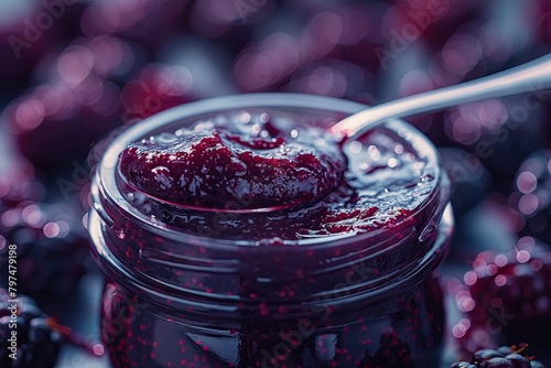 Blackberry jam. Spoon scooping homemade blackberry jam from a glass jar surrounded by fresh blackberries.