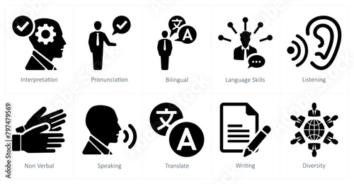 A set of 10 language icons as interpretation, pronounciation, bilingual