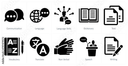 A set of 10 language icons as communication, language, language skills photo