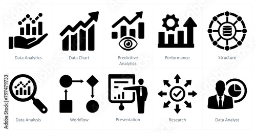 A set of 10 data analytics icons as data analytics, data chart, predictive analytics