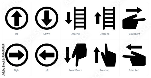 A set of 10 direction icons as up, down, ascend