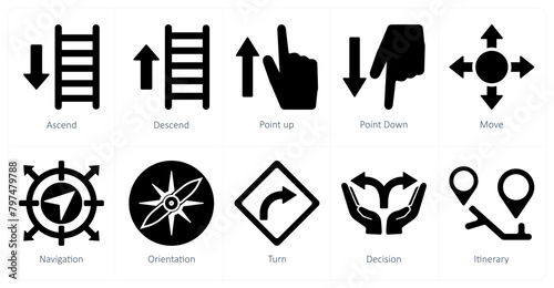 A set of 10 direction icons as ascend, descend, point up