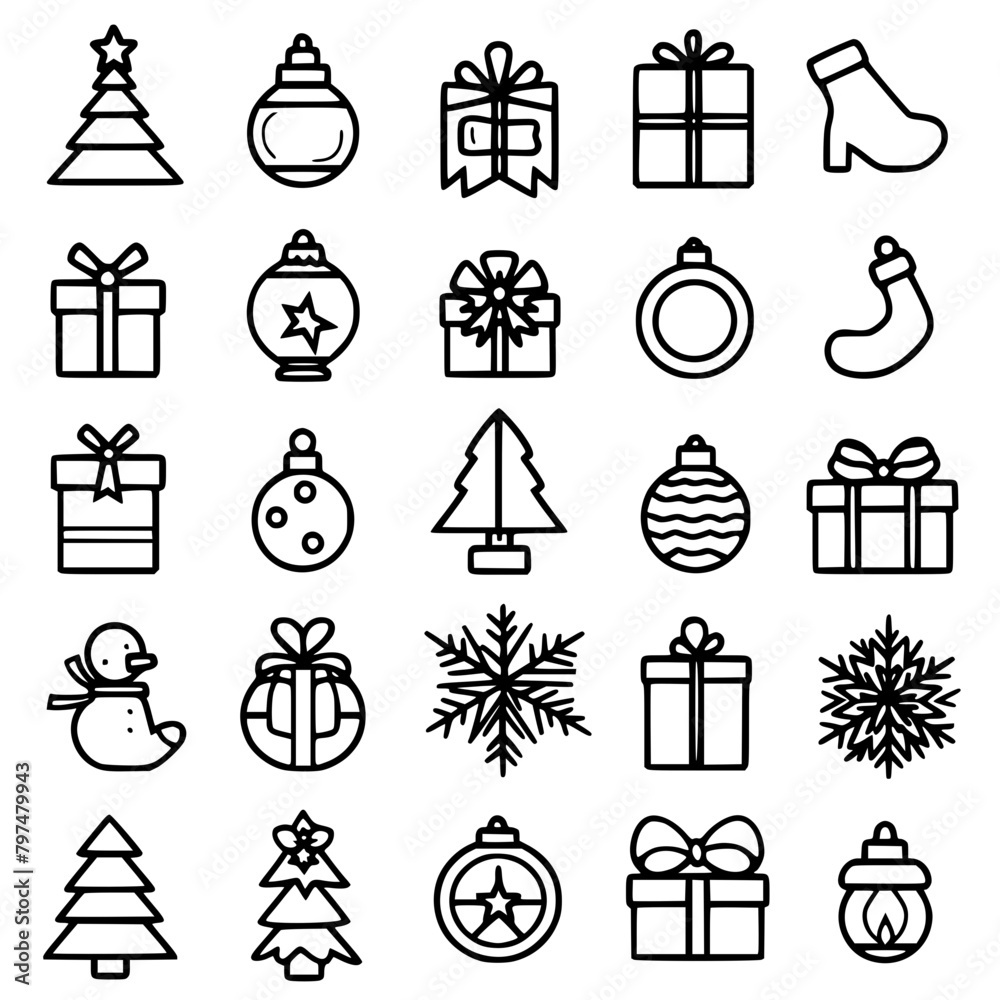 Naklejka premium christmas, hat, reindeer, snowman, bell, tree, winter, december, candle, gift, santa, celebration, icon, calendar, snowflake, star, christmas tree, candy, snow, sock, holly, merry, ball, bow, 