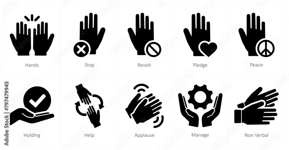 Fototapeta premium A set of 10 hands icons as hands, stop, revolt