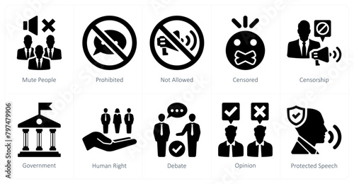 A set of 10 freedom of speech icons as mute people, prohibited, not allowed