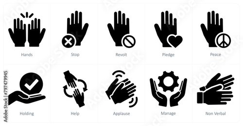 A set of 10 hands icons as hands, stop, revolt