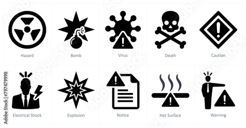 A set of 10 hazard danger icons as hazard, bomb, virus, death