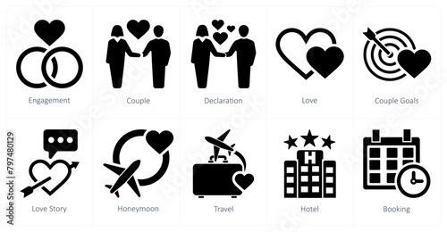 A set of 10 honeymoon icons as engagement, couple, declaration