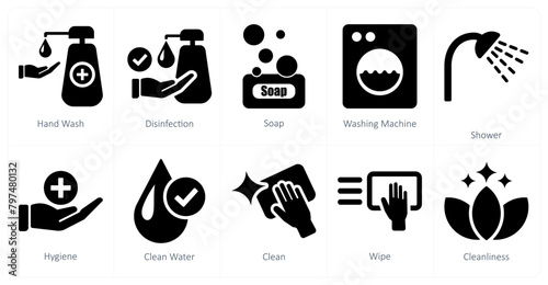 A set of 10 hygiene icons as hand wash, disinfection, soap