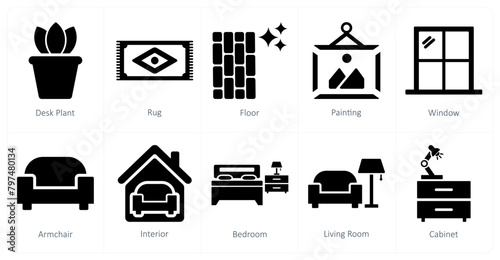A set of 10 home interior icons as desk plant, rug, floor