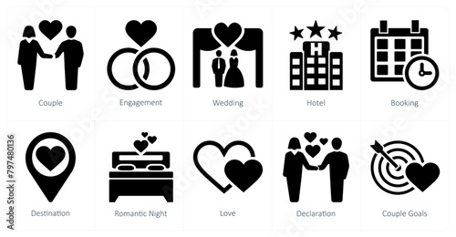 A set of 10 honeymoon icons as couple, engagement, wedding