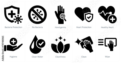 A set of 10 hygiene icons as bacteria protection, no bacteria, hand germs