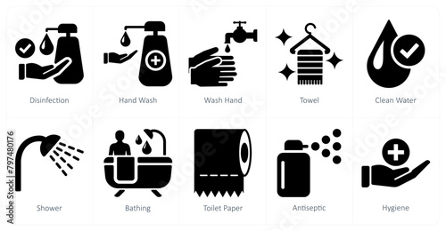 A set of 10 hygiene icons as disinfection, hand wash, wash hands