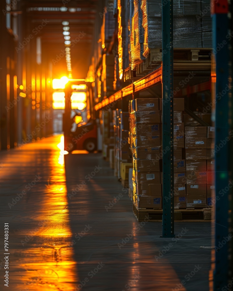 Vertical retail warehouse with goods, pallets, forklifts, sunlight. Logistics distribution center
