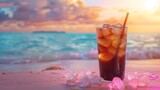 Transport yourself to a serene paradise with a cool summer iced coffee against a dreamy pastel backdrop,  a refreshing oasis