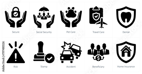 A set of 10 insurance icons as secure, social security, pet care