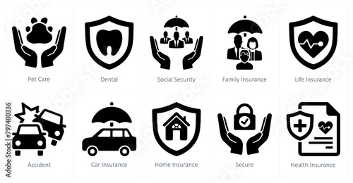 A set of 10 insurance icons as pet care, dental, social security