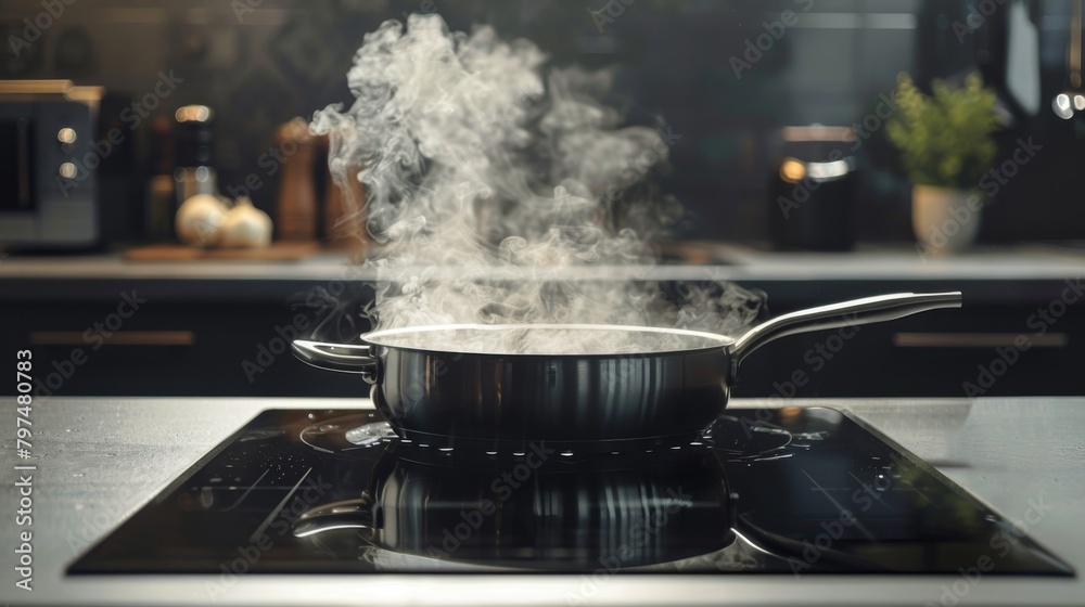 Steam rising from a pot of boiling water on a modern induction cooktop