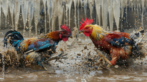 Cockfighting. Two roosters fight.