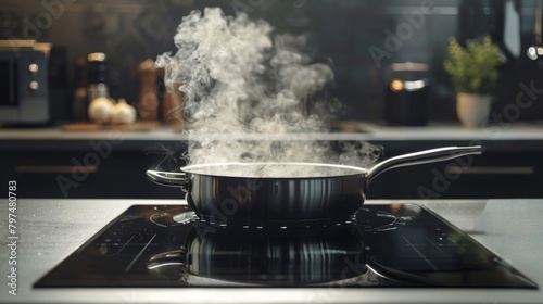 Steam rising from a pot of boiling water on a modern induction cooktop photo