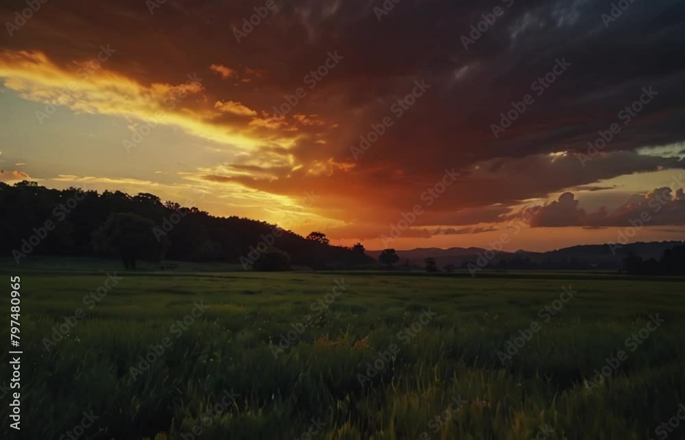 Sunset over the field, valleys and mountains with clouds in the sky aesthetic generative AI video Sunset over the field, valleys and mountains with clouds in the sky aesthetic generative AI video