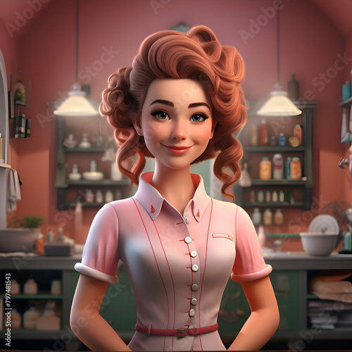 Portrait of a beautiful young waitress in a cafe. 3d rendering. photo