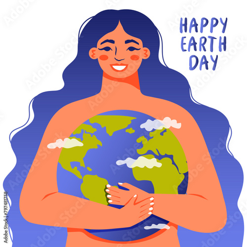 Happy Earth Day. Mother holding the globe. Planet Earth with  clouds. Concept of ecology and environmental protection. Vector illustration