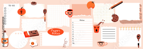 Paper notes with washi tapes. Set with blank Paper sticky notes for to do list, reminders, scheduler. Pencils, funny forms. Vector illustration. 