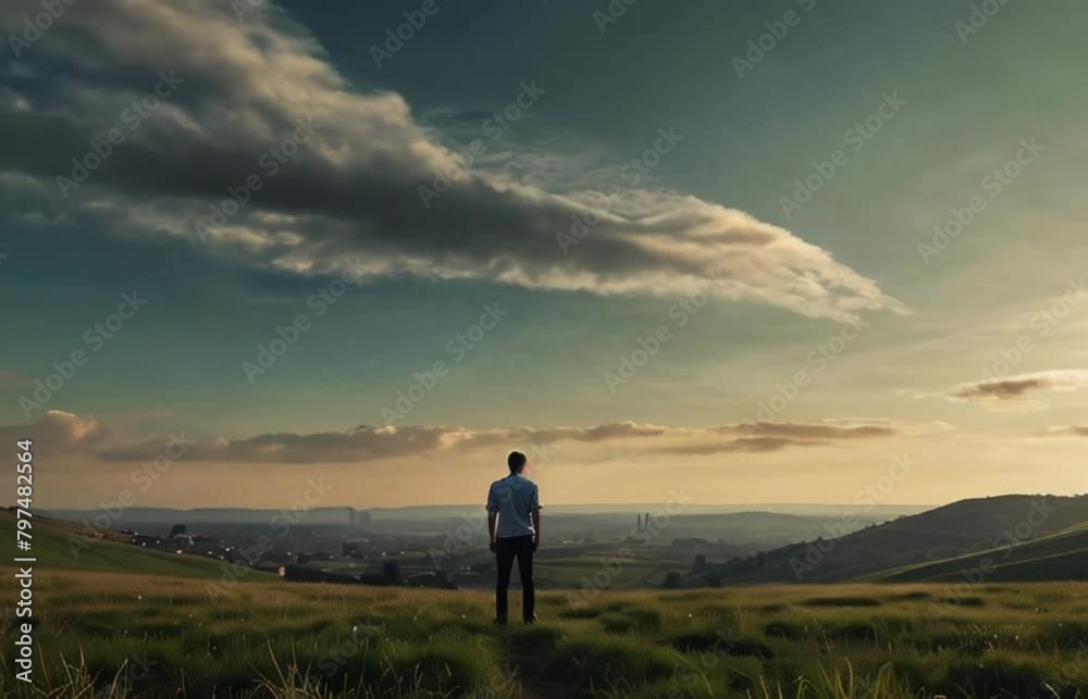 man walking in the mountains, traveler on a hill areal view of aesthetic breathtaking location with clouds moving in motion generative AI video man walking in the mountains, traveler on a hill areal view of aesthetic breathtaking location with clouds moving in motion generative AI video