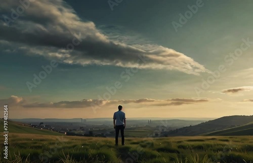 man walking in the mountains, traveler on a hill areal view of aesthetic breathtaking location with clouds moving in motion generative AI video photo