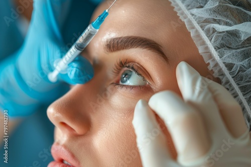 Young woman receiving filler injection for aesthetic facial treatment at beauty clinic photo