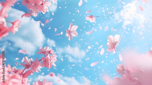 푸른 하늘과 흩어져 벚꽃 꽃잎의 그림입니다. 봄 배경 photo