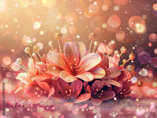 Elegant 3D flower crown among glittering bokeh, rich colors, delicate shadows, flat vector icon style character illustration