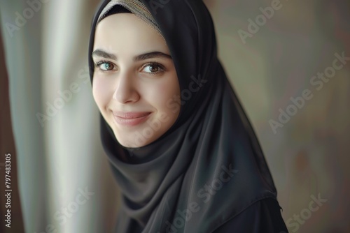 Beautiful Muslim woman in hijab smiling confidently.