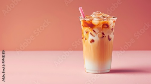 Elevate your summer experience with a decadent iced coffee against a gentle pastel hue, a luxurious treat for the senses