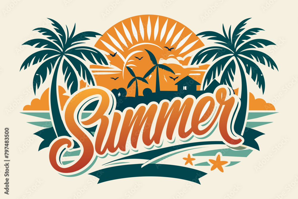 Summer t-shirt design. Retro and vintage summer vibes t-shirt design with palm tree, sea beach, and sunset vector illustration.