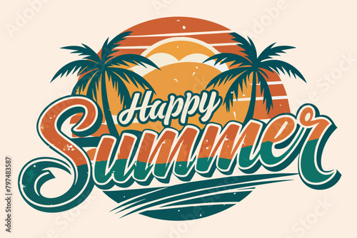 Summer t-shirt design. Retro and vintage summer vibes t-shirt design with palm tree  sea beach  and sunset vector illustration.