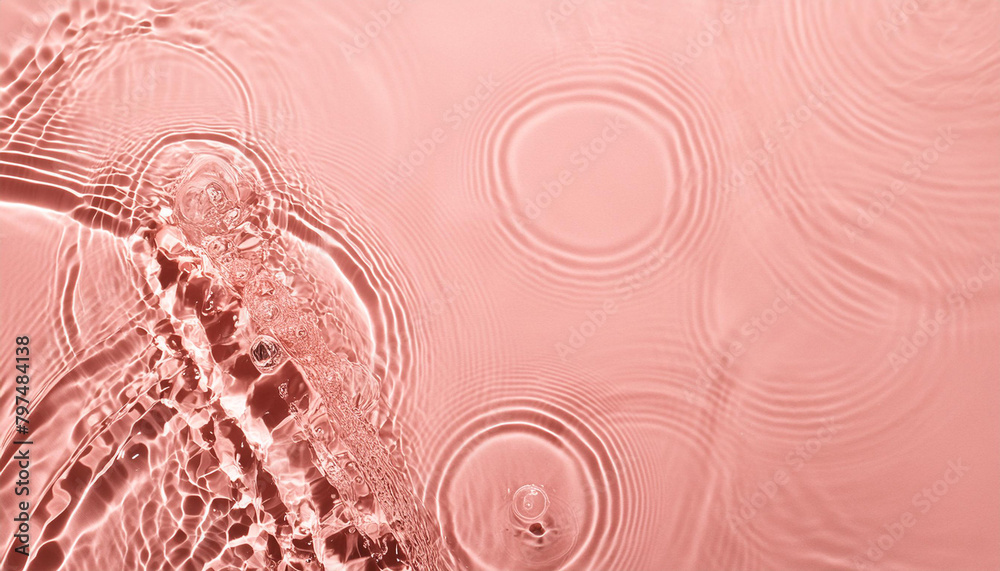 Closeup of pink transparent clear calm water surface texture with splashes and bubbles. Trendy abstract summer nature background. Coral colored waves in sunlight. - obrazy, fototapety, plakaty 