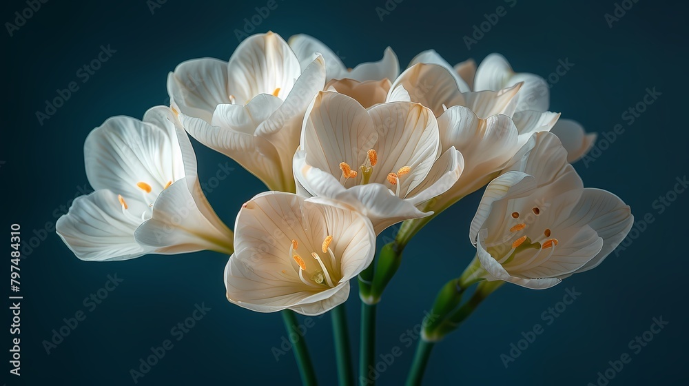 A close-up of a delicate freesia flower, its slender stem adorned with multiple blossoms that release a sweet fragrance