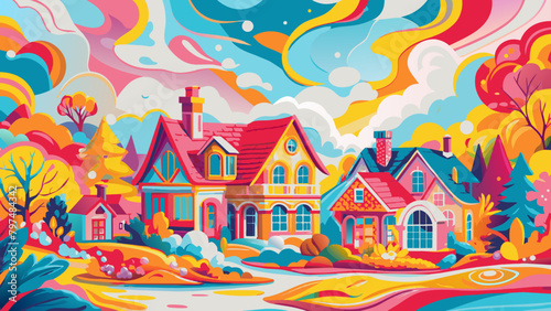 Vibrant Suburban Fantasy Landscape with Whimsical Houses