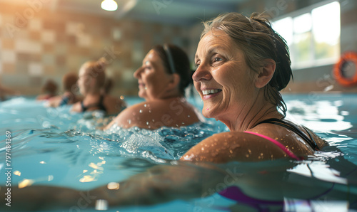 Elderly women participating in aqua gym classes in the swimming pool  enjoying a healthy and active lifestyle in retirement.