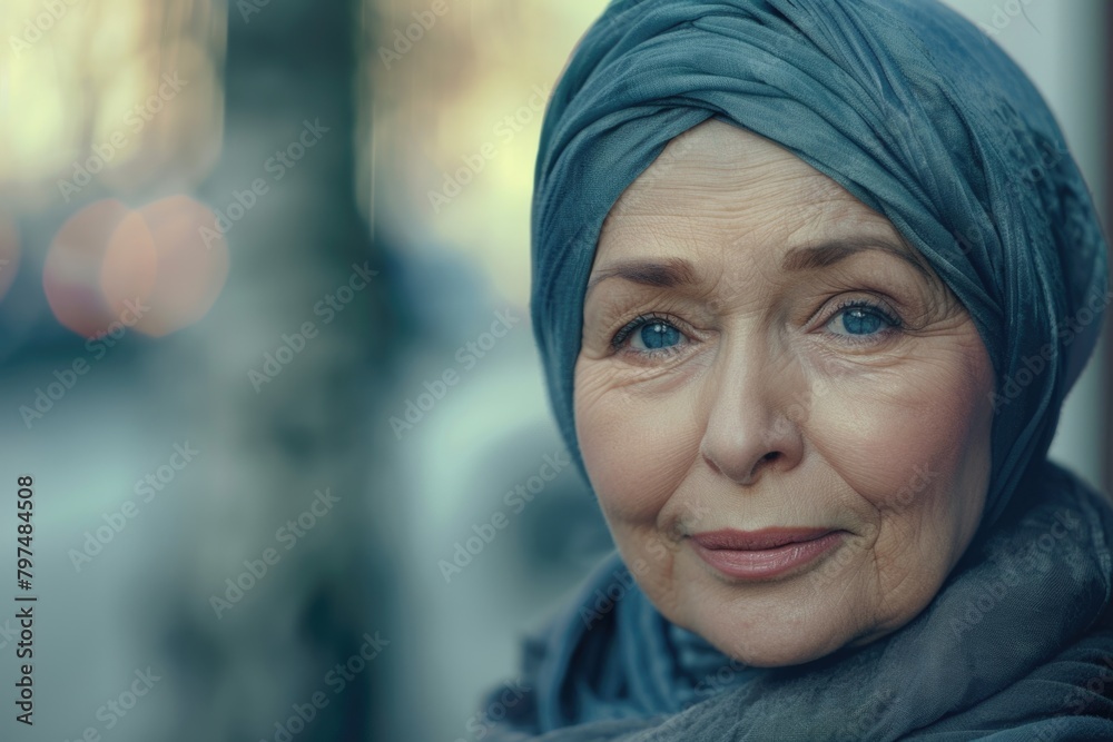 Happy mature woman in hijab with cheerful smile portrait.