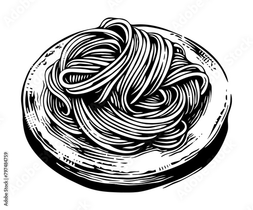 spaghetti engraving black and white outline