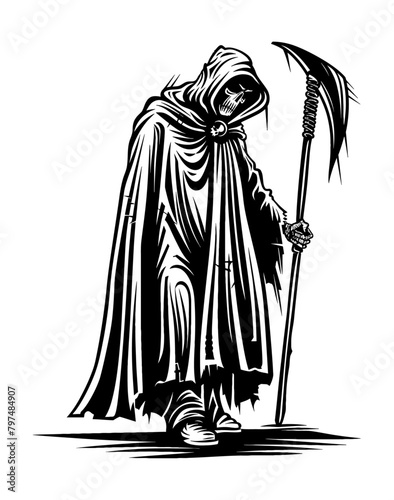 death god engraving black and white outline