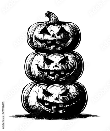 pumpkin head engraving black and white outline