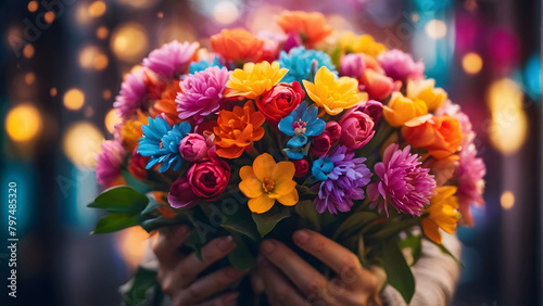 A bouquet of colorful flowers is being held by a person