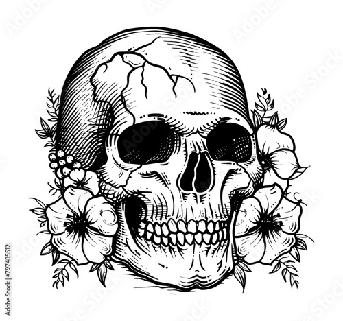 skull flower engraving black and white outline