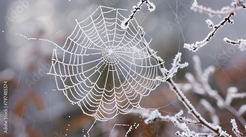 The intricate geometry of a frost-kissed spider's web, shimmering like delicate lace in the soft morning light