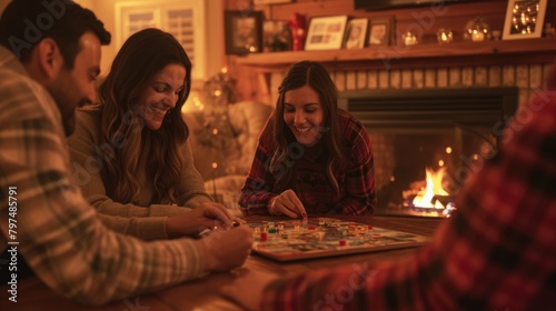 The family is sitting on the hardwood floor  sharing a fun board game event in front of the fireplace  enjoying the warmth and darkness. AIG41