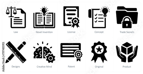 A set of 10 intellectual property icons as law, novel invention, license